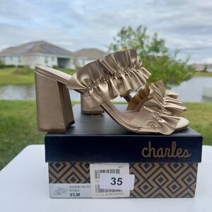 Charles by Charles David Champagne Gold Ruffle Mule Heels Size 9.5